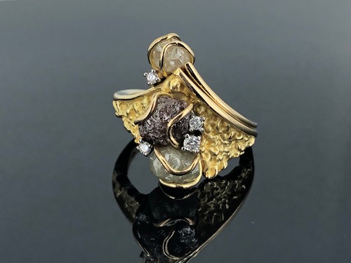 Anillo único 2.2ct diamantes en bruto + brillantes minas de oro diseño pepita oro 750 - Imagen 9 de 19