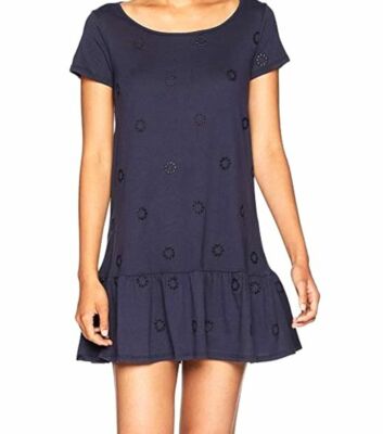 $100 Three Dots Women's Blue Eyelet Short Sleeve Ruffled Hem Shift Dress Size XL