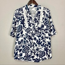 Elena Baldi Printed Linen Blouse Women  s Size M Pleated Crochet Lace Trim Floral