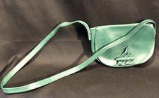 Vintage Girl's green leather purse, 35" shoulder strap, clasp