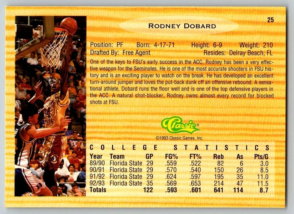 1993-94 CLASSICS DRAFT PICKS RODNEY DOBARD FLORIDA STATE SEMINOLES #25 - Image 2 of 2