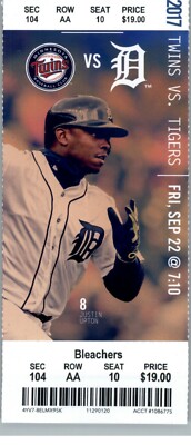 Minnesota Twins vs Detroit Tigers 9/22/2017  Full Ticket - Brian Dozier HR