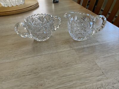 VTG 40s American Brilliant Cut Crystal Creamer & Sugar Bowl, Heavy Cut Crystal