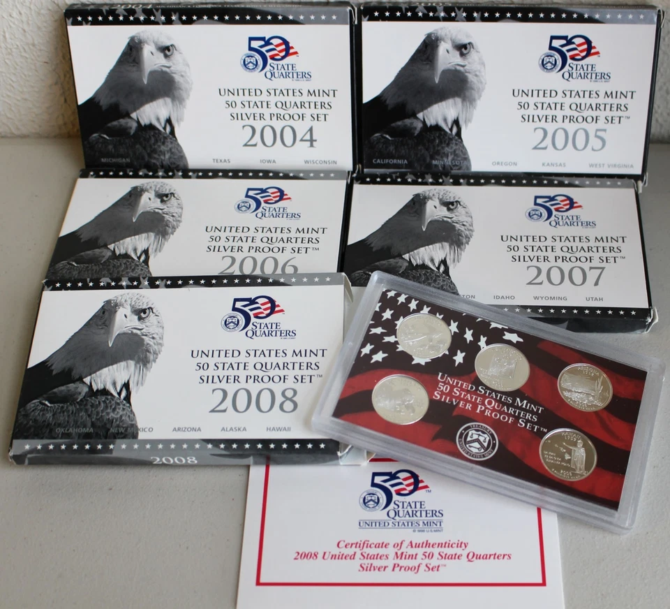 2004-2008 S Proof State Quarter Silver 5 Coin Statehood 5 Sets with Box and COA - Image 4 of 4