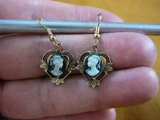 cme71-3 CLASSIC WOMAN HAIR black + off white CAMEO brass heart earrings Jewelry