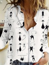 Mujer 12 Grande Lino Blanco Gato Botón Blusa Cuello Manga Ropa de Trabajo Abstracto