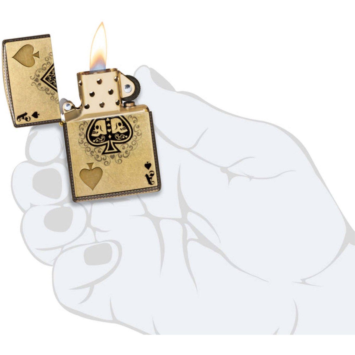Zippo Windproof Pocket Lighter Ace of Skulls Design Tumbled Brass