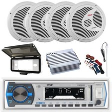 Pyle Bluetooth Marine Receiver w/ Cover, 4x 6.5'' 150W White Speakers, Amplifier