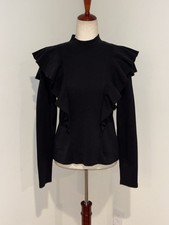 Veronica Beard Ribbed Mock Neck Ruffle Cotton Sweater Black Women s Medium
