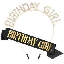 Black and Gold Glitter Sash, Tiara and Rhinestone Headband Set - Birthday Dec...