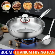 30cm Titanium Frying Pan Uncoated Non Stick Cookware Induction Hob w/Lids Shovel