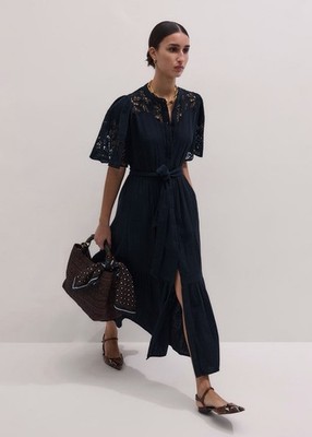 ME+EM Cheesecloth Embroidered Maxi Dress + Belt Navy - Women's - Cotton Cheesecloth