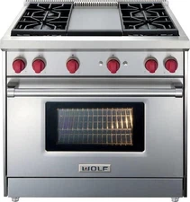 Wolf 36" 4 Dual-Stacked Burners Convection Oven LP Pro-Style Gas Range GR364GLP