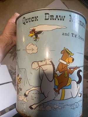 Huckleberry Hound Yogi Bear Quick Draw Mcgraw Metal Trashcan vintage ￼