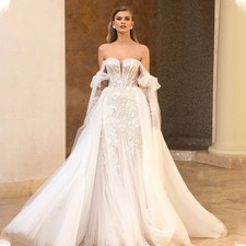 Luxury Mermaid Wedding Dresses Detachable Train Lace Applique Tulle Bridal Gowns