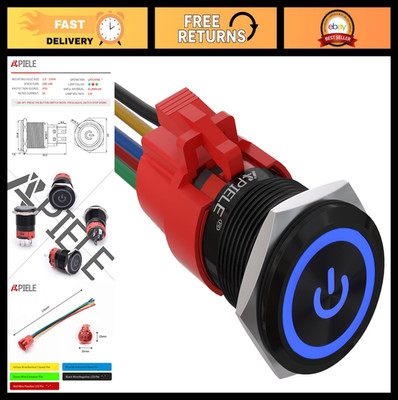 19mm Latching Push Button Switch 12V DC LED Power Symbol Black Shell SPDT ON/OFF
