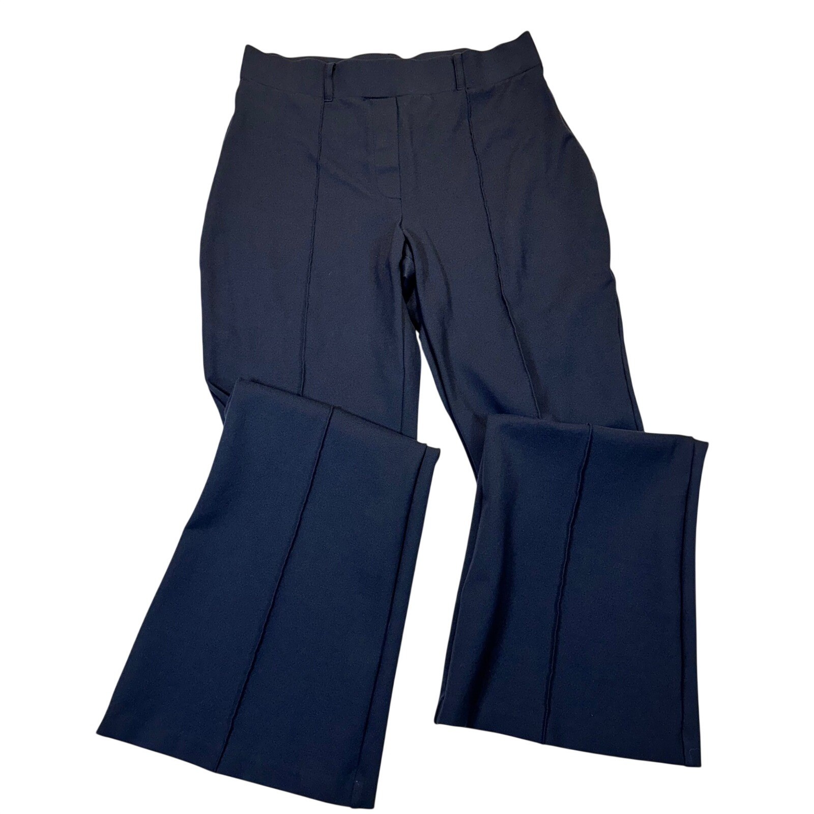 Quince Womens Ultra-Stretch Ponte Flare Pants Navy Blue High Rise Front Seam L