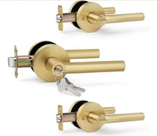 3 Pack Gold Door Handle with Lock and Key, Heavy Duty Keyed Entry Brushed