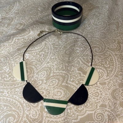 Boden Jewelry Set Blue Green & Off-White Faux Leather Cord Necklace &  Bangle
