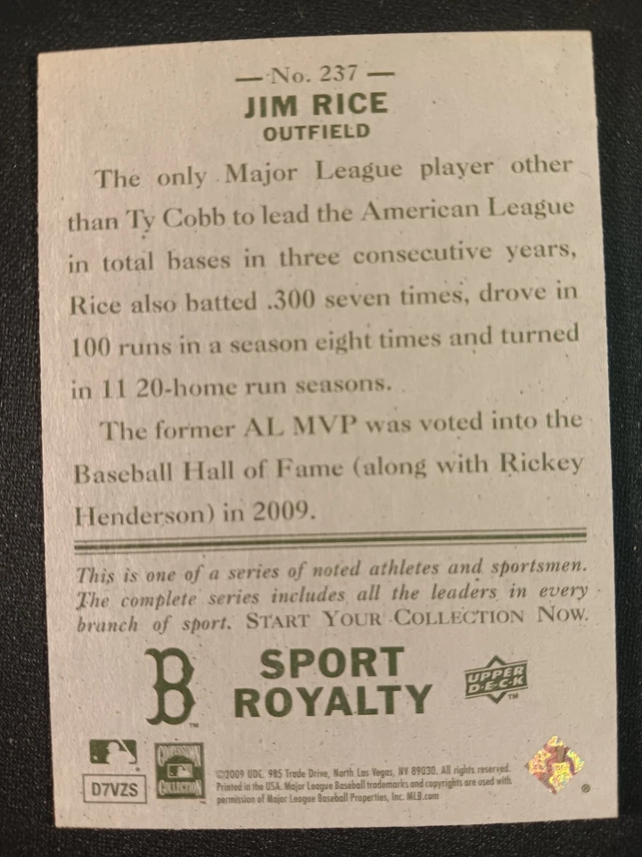 2009 UD Goudey Sport Royalty Jim Rice #237 SP - Image 2 of 2