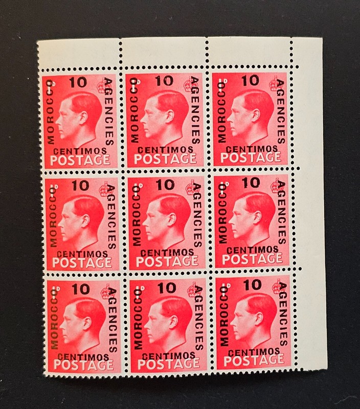 MOROCCO AGENCIES 1936 King Edward VIII 10 Centimos OVPT  Corner BLOCK of 9 Nice