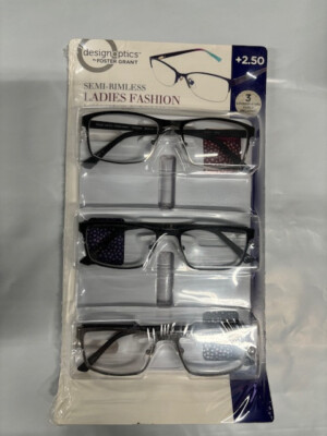 Design Optics By Foster Grant Semi-Rimless LADIES FASHION REC+2.50 3 PK OPEN BOX