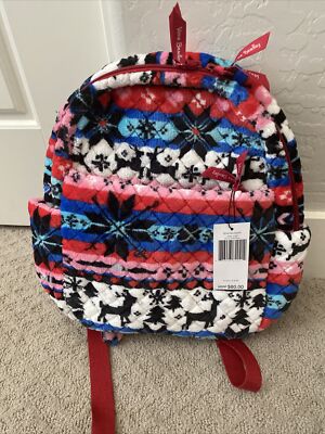 Vera Bradley Small Backpack Nordic Stripe Bag Reindeer Blue Red Fleece New
