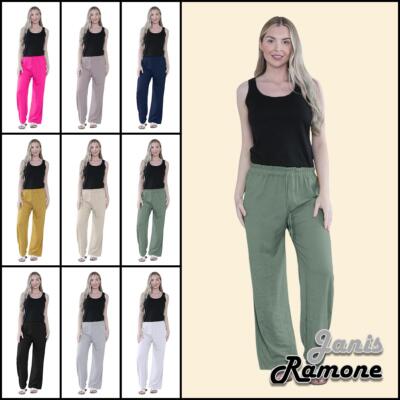 Damen Leinenhose weites Bein Gummibund Baumwolle Freizeit italienische Hose