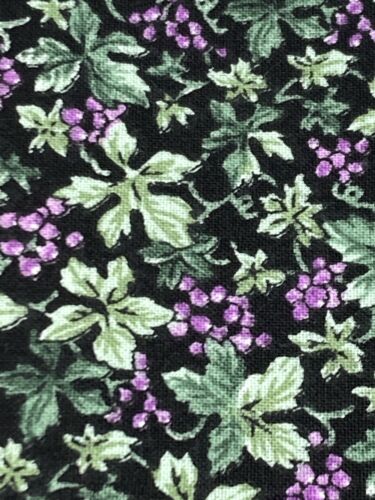 Vintage Cotton Fabric Small Print Green Leaves Grapes on Black 1.75Y x 44"W - Picture 1 of 3