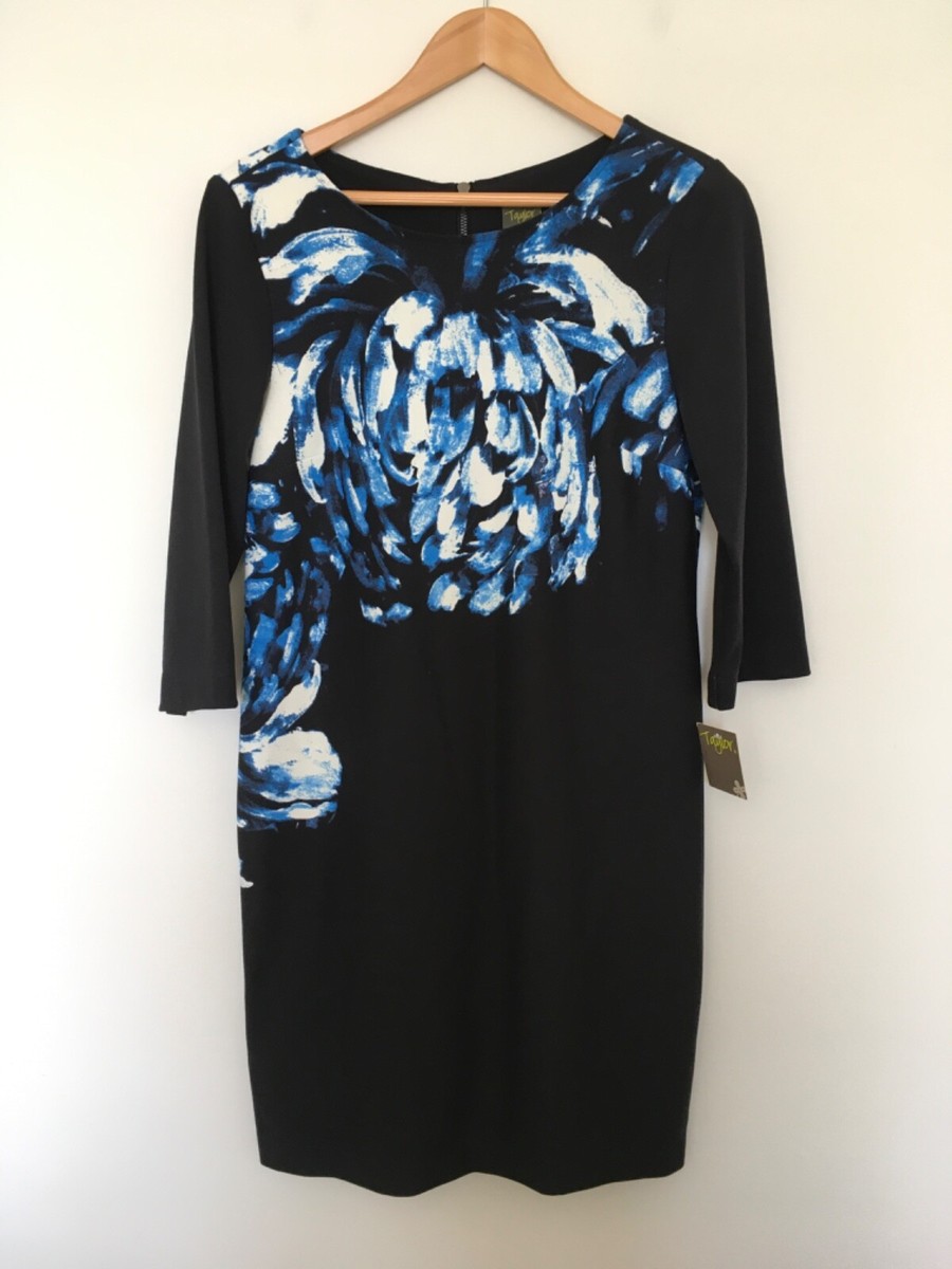 Taylor Brand Black Blue White Floral 3/4 Sleeve Sheath Dress Sz 10 Ponte  Knit | eBay