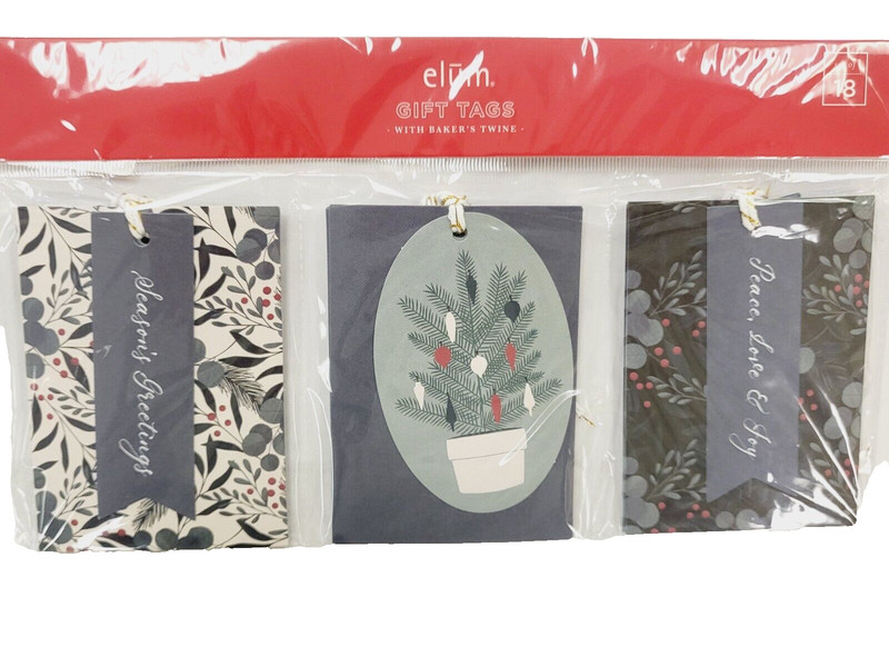 Elum Designs 18-Pack Christmas Gift Tags with Baker's Twine 3 Designs NWT