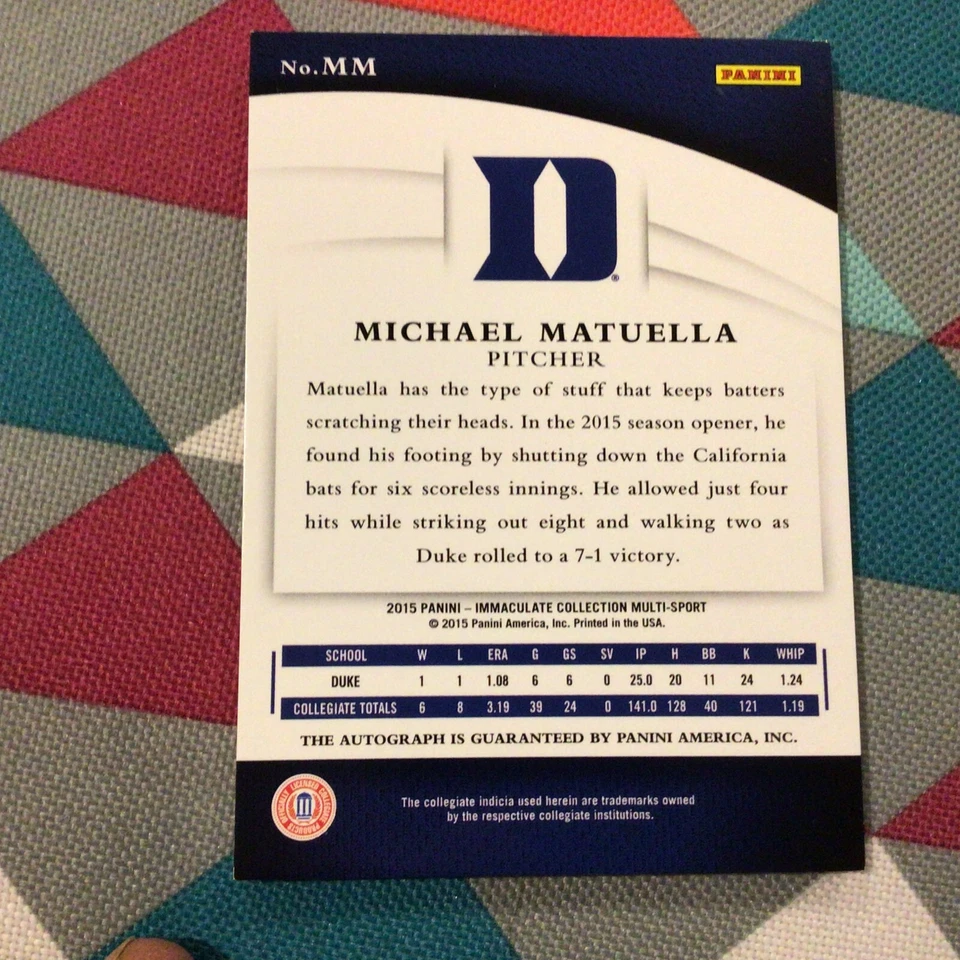 2015 Panini Immaculate Collegiate RC Gold 22/25 Michael Matuella #MM Auto - Duke - Image 2 of 2