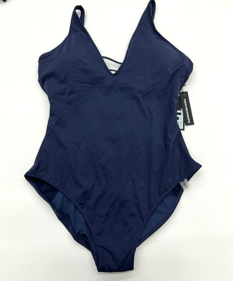 TA3 PLUNGEY ONE PIECE SWIMSUIT MIDNIGHT NAVY BLUE SWIM V SIZE 2X REG/LONG NEW