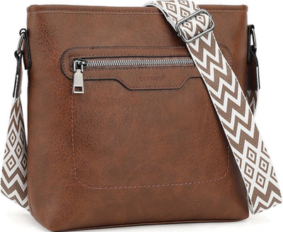 TANTOMI Brown Chevron Crossbody Bag for Women Adjustable Strap Zip Closure