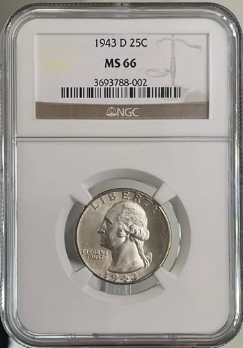 1943 D Washington Quarter PCGS MS66 90% Silver BU High Grade US Coin