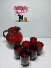 Red Colored Glass Pitcher And 6 Serving Glasses