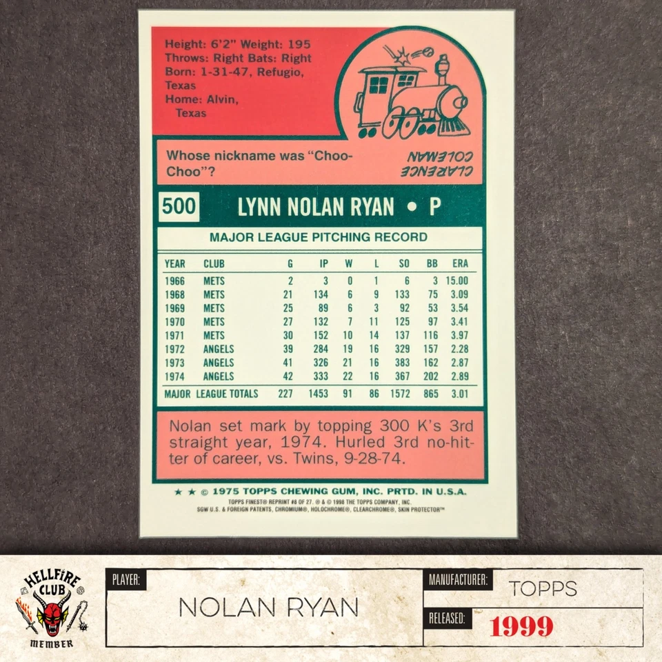 1999 Topps Finest - Nolan Ryan HOF 5,714K's! (1975 Topps Reprints #8) CA Angels - Image 4 of 4