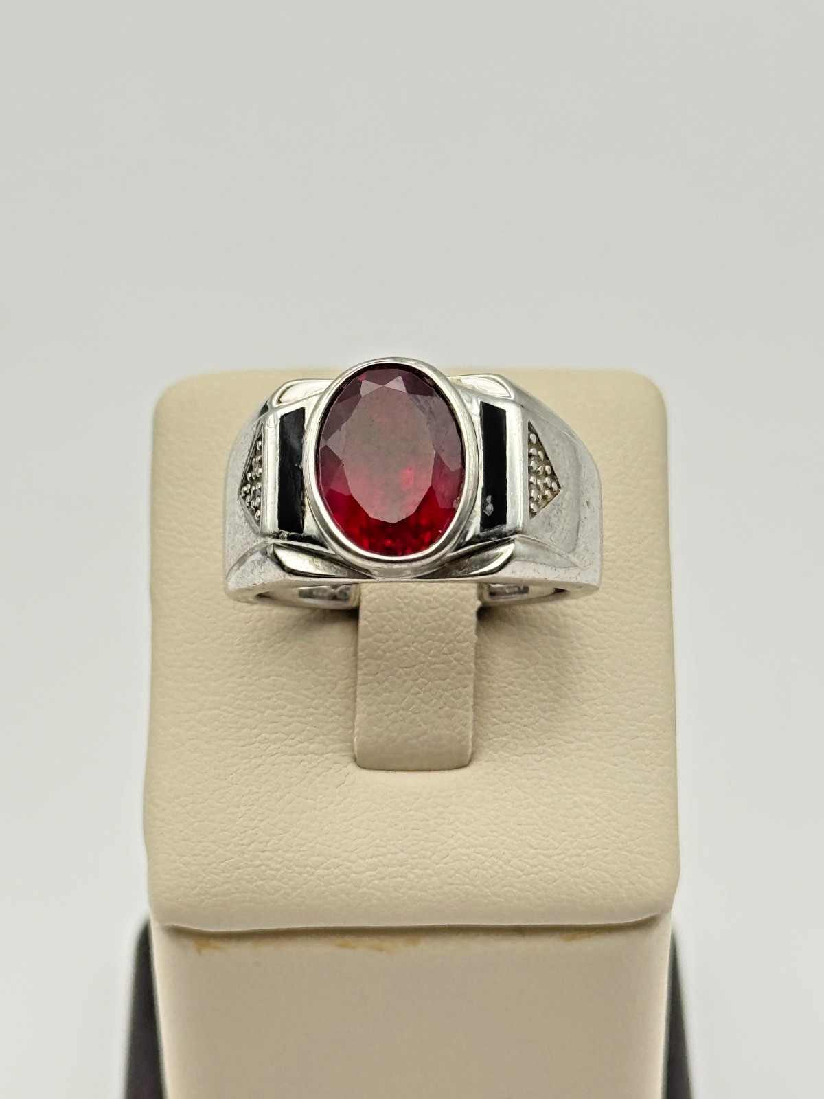 Sterling Silver Synthetic Ruby & Onyx Inlay Ring … - image 2