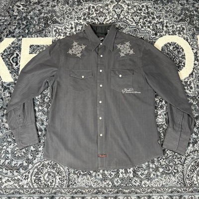FENDER Custom Shop Western Pearl Snap Shirt Men L Gray Embroidered R&R Religion