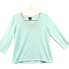 East 5th Womens Medium Pearl Floral Embellished 3/4 Sleeve Sweater Top Coastal
