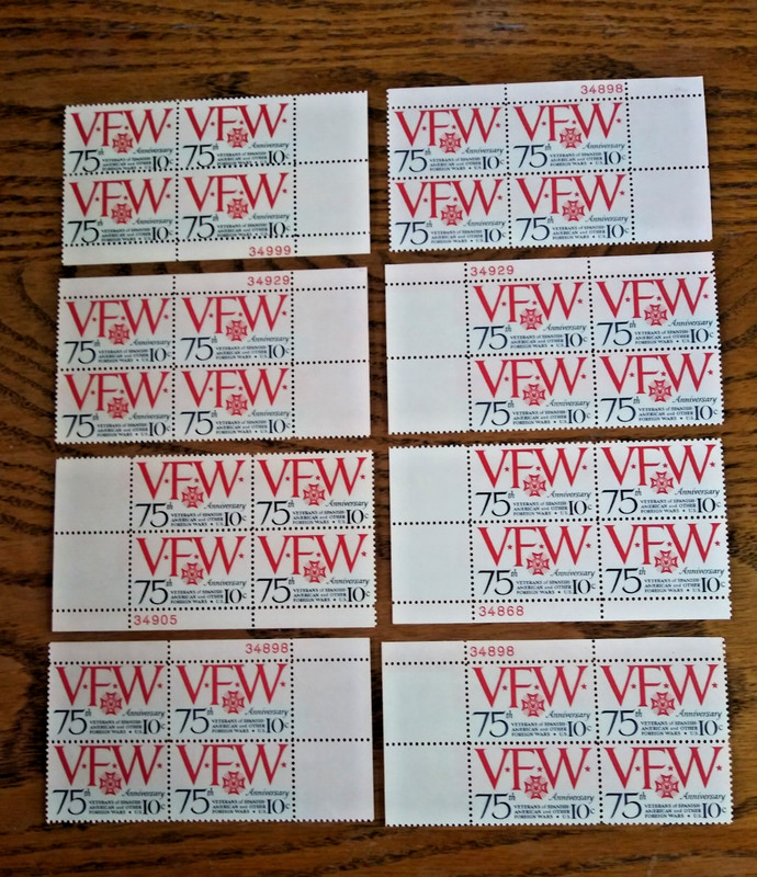 Veterans of Foreign Wars, 10¢ stamp, 8 Plate blocks, Scott# 1525 MNH