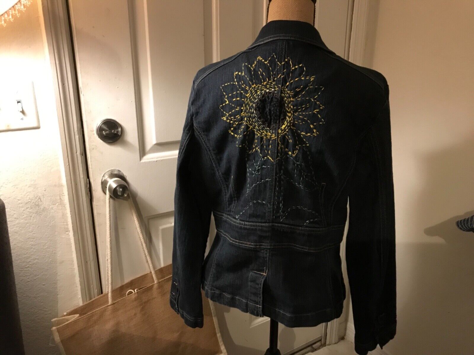 Upcycled Denim Jacket XL w/Sunflower hand stitched embellishments sashiko