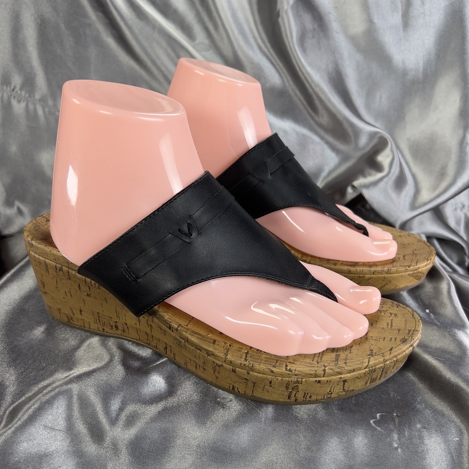 Vionic Atlantic Anitra Black Leather Wedge Sandals Women's Size 11 EU 43 Cork Sole Thong