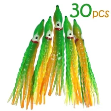30pcs Fish WOW! 5" Squid Skirt Octopus Hoochies Crinkle lure green yellow orange