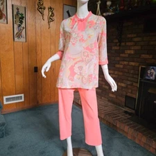 Vtg 60s Pink Psychedelic Lounge 2 pc Nylon Tunic Pajama Party Hostess Set S/M