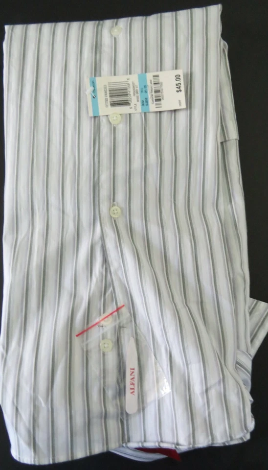 NWT ALFANI Mens Green Gray Striped Shirt Size 15.5 34/35 M Fitted 100% Cotton - Image 3 of 4