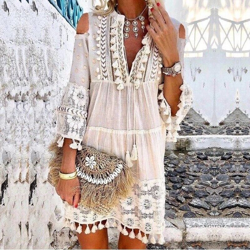 Summer tassel boho dress women v Neck loose short femme bohemian chic dress