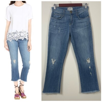 Current/Elliot Size 26 The Kick Jean Crop Blue Ocean Destroy Frayed Hem Distress