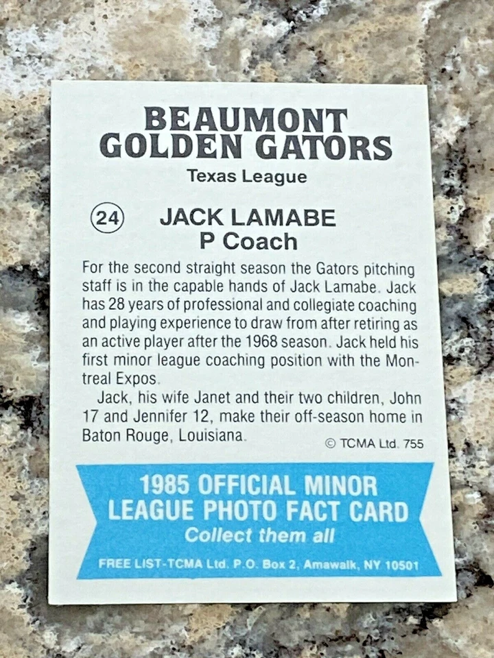 1985 TCMA Jack Lamabe #755 Beaumont Golden Gators Minor League Baseball Card - Image 2 of 2