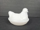 Hazel Atlas Hen On Nest milk glass 3.5" tall nesting chicken candy container vtg